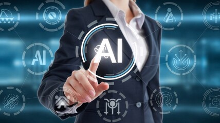 Businesswoman touching the brain working of Artificial Intelligence (AI) Automation, Predictive analytics, Customer service AI-powered chatbot, analyze customer data, business and technology