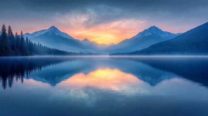 A tranquil mountain lake at sunrise, with clear reflections of snowcapped peaks on the calm water, symbolizing peace, stillness, and the beauty of nature’s untouched landscapes