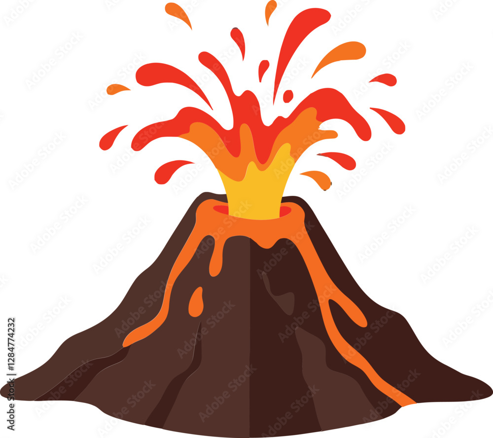 Poster erupting volcano with vibrant lava and ash clouds in a flat design style showcasing natures power in