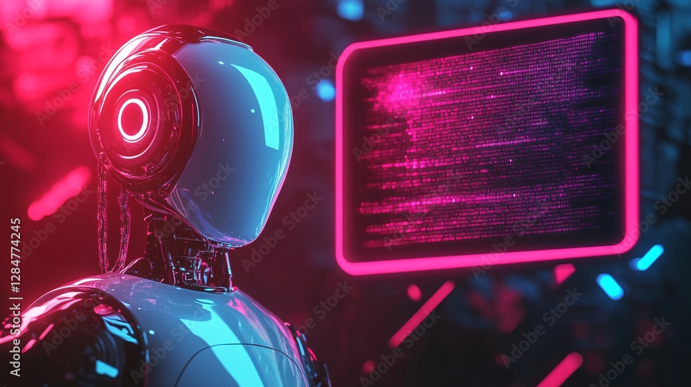 Poster futuristic robot interacting with glowing data screen in neon-lit cyberpunk setting