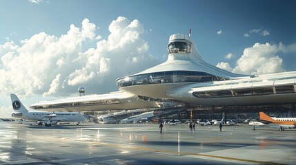 Futuristic Spaceship Airport Terminal Design: Modern Architecture and Transportation Hub