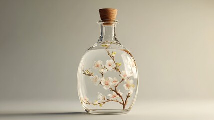 Glass bottle with delicate cherry blossoms artwork inside, on a beige background