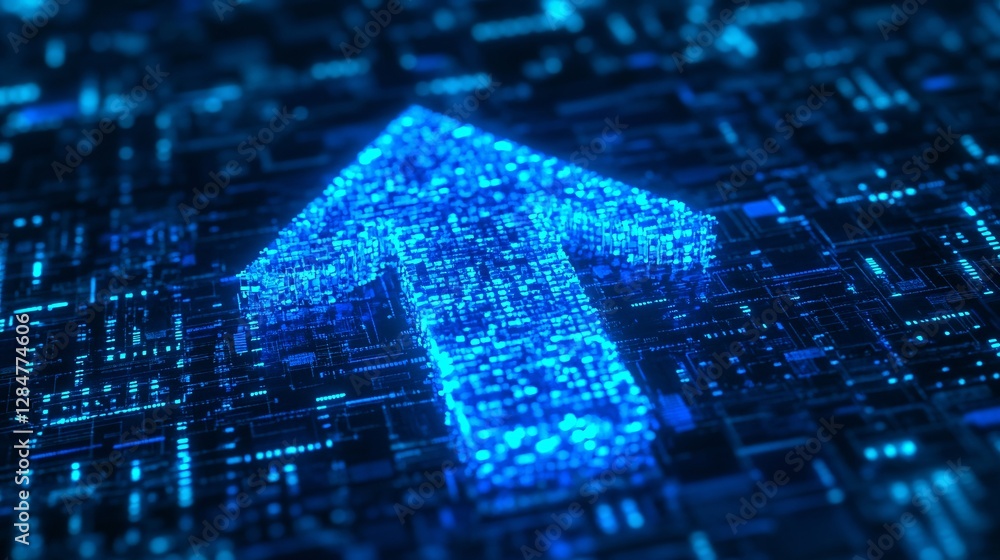 Poster glowing blue upward arrow on a digital circuit board background symbolizing growth progress and tech