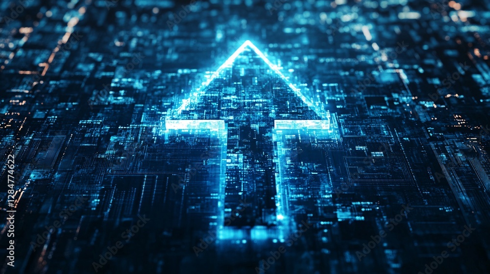 Poster glowing blue upward arrow in a digital circuit board setting representing progress and growth