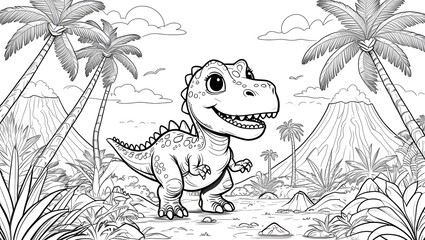 Naklejka premium Cute Dinosaur Walking in the Jungle – Fun Coloring Page for Kids, Black and White Vector