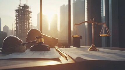 Golden Hour Justice: Scales of Justice and Gavel on Desk Against Cityscape Sunset