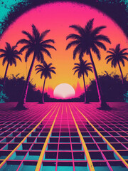 Naklejka premium Retro Palm Sunset: A neon grid fades into a vibrant sunset with palm trees, evoking a nostalgic, futuristic beach paradise.