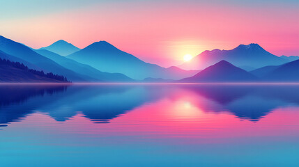 A tranquil mountain lake at sunrise, with clear reflections of snowcapped peaks on the calm water, symbolizing peace, stillness, and the beauty of nature’s untouched landscapes