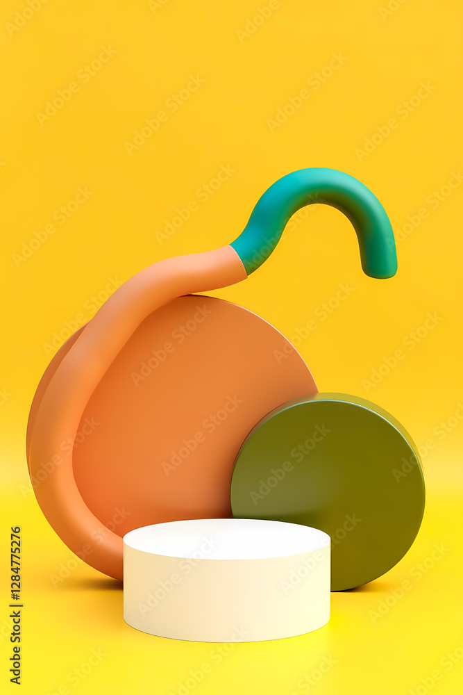 Poster 3d render of abstract shapes: a playful composition of teal and green forms against a yellow backgro