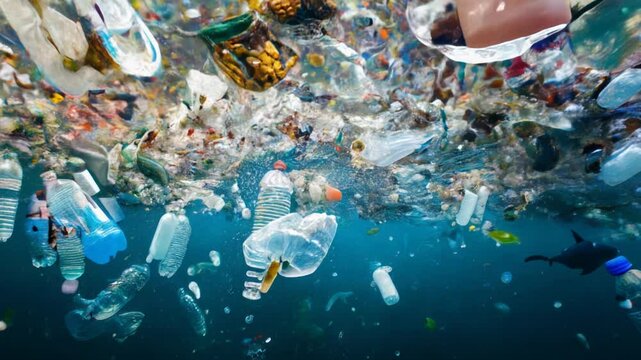 Plastic in water, polluted ocean underwater, marine ecologic concept