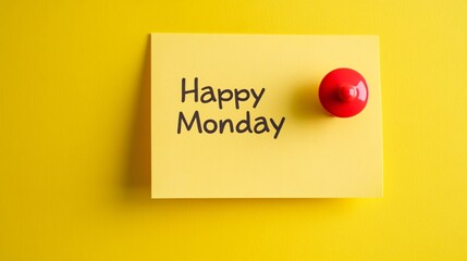 Happy Monday message on yellow sticky note with red pushpin