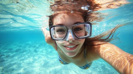 Fototapeta premium Happy Young Woman Underwater in Clear Ocean Water, Summer Fun and Snorkeling Adventure