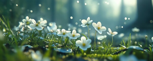 Morning light on dewy white flowers in lush green forest scene