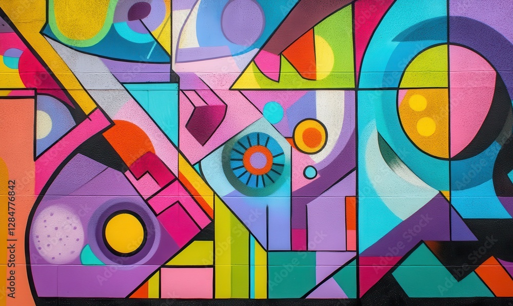 Poster abstract geometric mural with vibrant colors and diverse circular patterns.