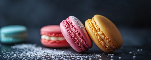 Colorful macarons on dark background with powdered sugar dusting