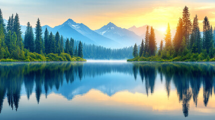 A tranquil mountain lake at sunrise, with clear reflections of snowcapped peaks on the calm water, symbolizing peace, stillness, and the beauty of nature&rsquo;s untouched landscapes