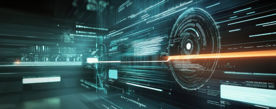 Futuristic digital interface with dynamic data visualizations and high-tech elements