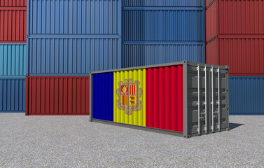 Fototapeta premium Andorra Flag on a shipping container in a container yard - 3D Illustration
