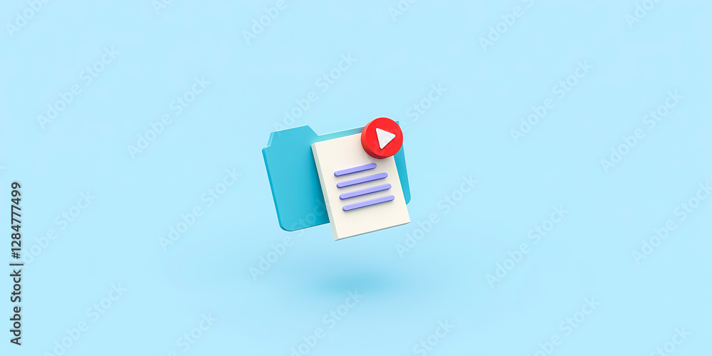 Poster 3d render of a digital document with a play button