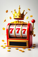 classic red slot machine with a golden crown displays a jackpot of 777 surrounded by golden coins.