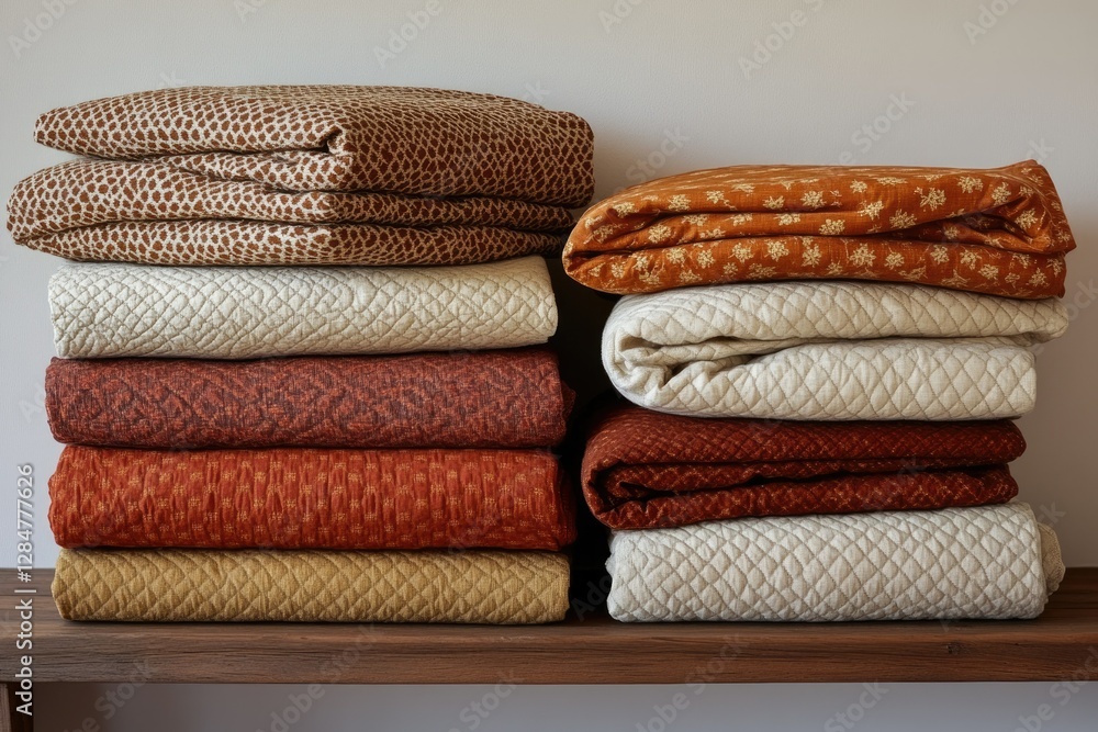 Poster stack of folded blankets in various earthy tones and patterns, showcasing different textures and des