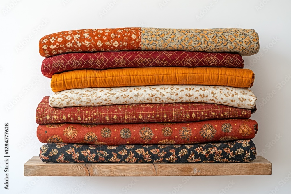 Poster a stack of seven autumnal-colored blankets with various patterns, neatly arranged on a wooden shelf.