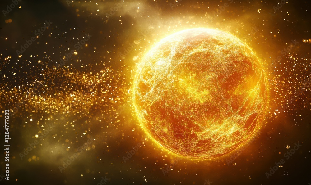 Poster a glowing digital planet surrounded by sparkling particles, symbolizing the digital future and inter