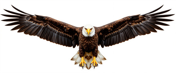 Sea Eagle soaring with wings spread wide, showcasing its striking brown and white plumage, exuding a sense of majesty and power against a clean white background