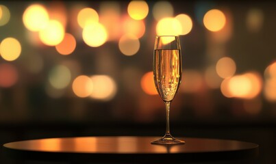 A glass of champagne placed on a minimalist table with blurred golden bokeh lights in the background. Elegant tones emphasize celebration,