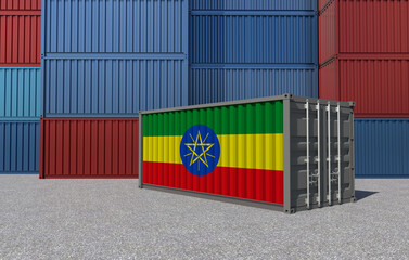 Ethiopia Flag on a shipping container in a container yard - 3D Illustration