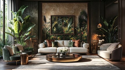 Fototapeta premium Luxurious Tropical Living Room with Modern Furniture and Lush Greenery