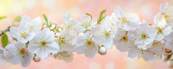 Fototapeta premium Delicate white cherry blossoms in full bloom on soft pink backdrop