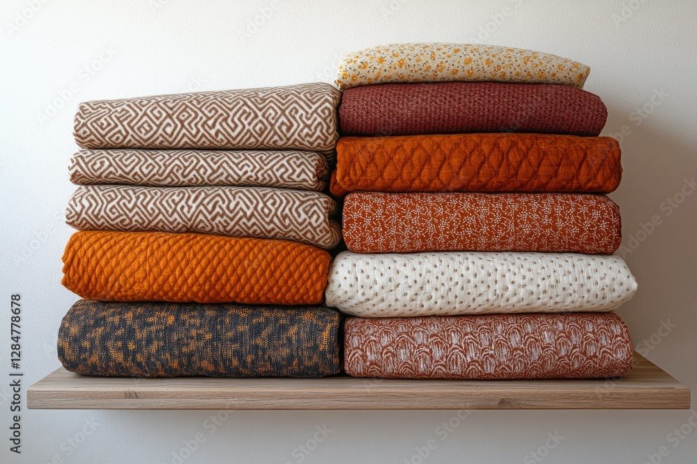 Poster stacks of folded fabrics in autumnal colors and patterns displayed on a wooden shelf.