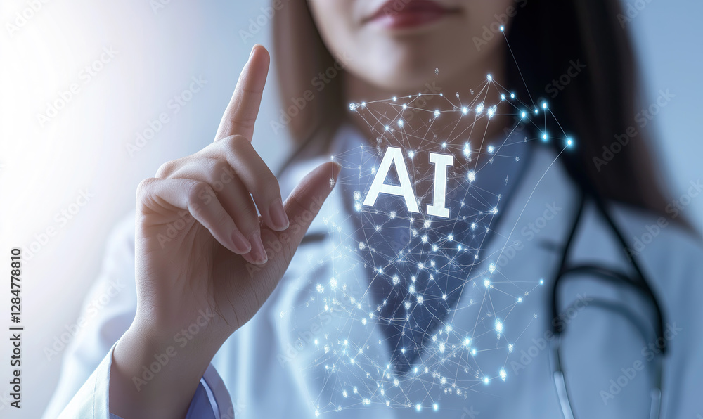 Poster doctors hand pointing at digital data structure the word ai