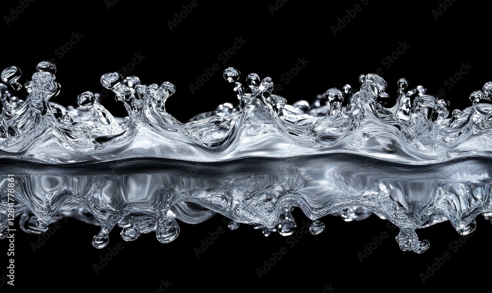 Poster abstract artistic rendering of flowing liquid silver on a black background, soft glowing reflections
