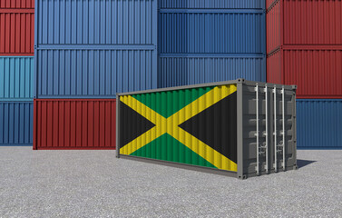 Jamaica Flag on a shipping container in a container yard - 3D Illustration