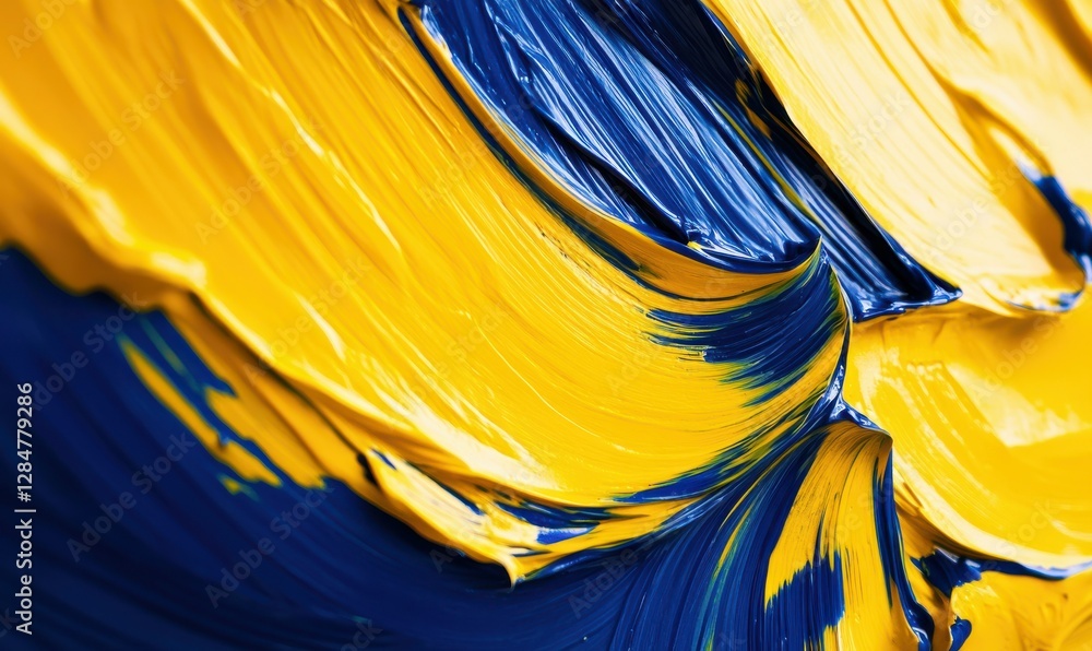 Poster abstract brush strokes in bright yellow and deep blue, layered dynamically to create a bold and mode