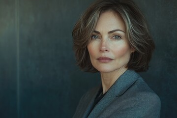 Obraz premium A sophisticated woman with short, wavy brown hair, wearing a grey blazer, gazes intently.