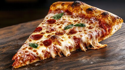 Pepperoni pizza slice on wood, melted cheese, basil. Food photography