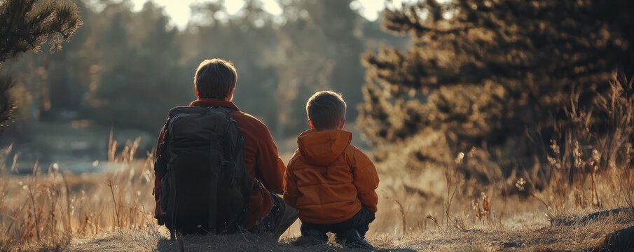 Two boys sitting in forest at sunset, bonding and relaxing in nature's peaceful setting