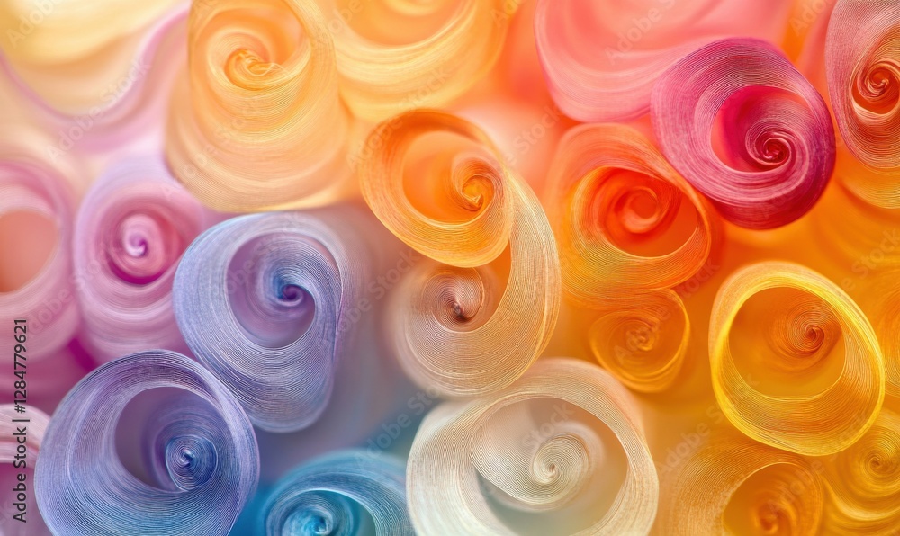 Poster abstract colorful swirls of warm pastel tones blending in dynamic patterns, illuminated softly to ev