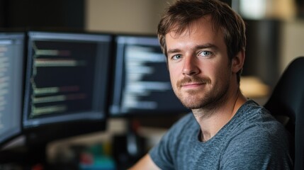 Fototapeta premium Portrait of a young European male software developer in casual attire, sitting in an office with multiple monitors. He exudes confidence and focus while working on coding projects.