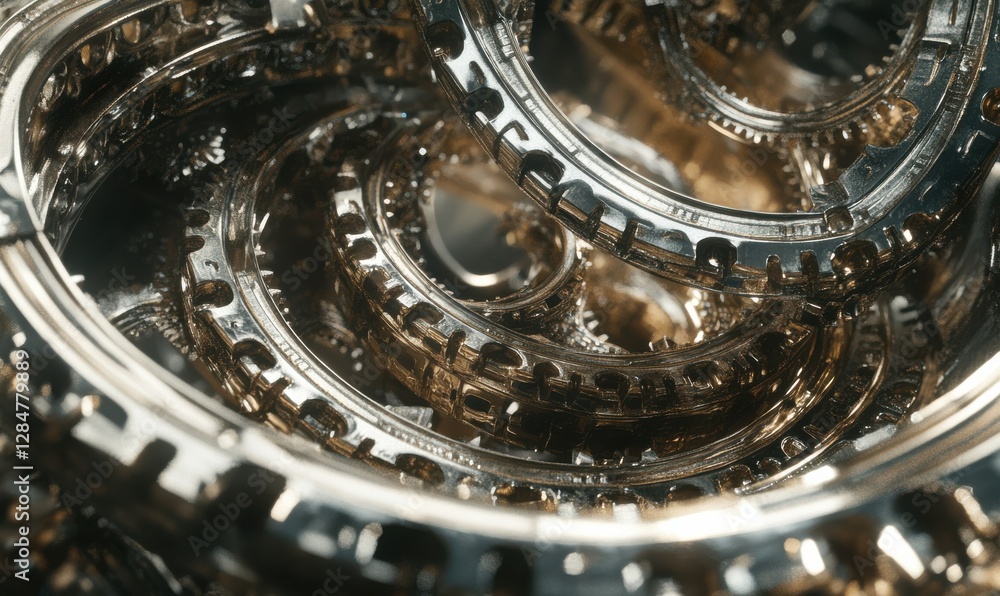 Poster abstract design of metallic gears and cogs interconnected in a seamless arrangement under dramatic l