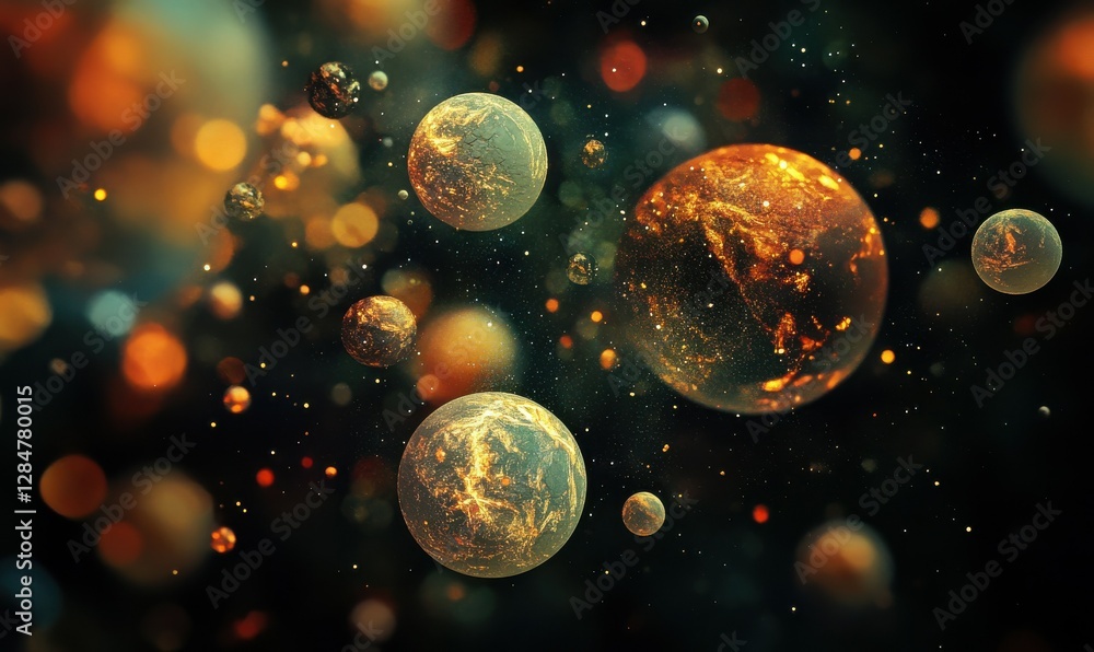 Poster abstract digital shapes floating in space, symbolizing modern technology and digital art.