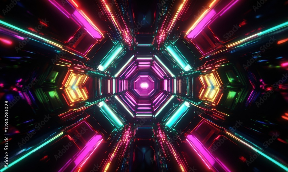 Poster abstract digital pattern of glowing hexagons, vibrant neon colors creating depth and contrast, futur