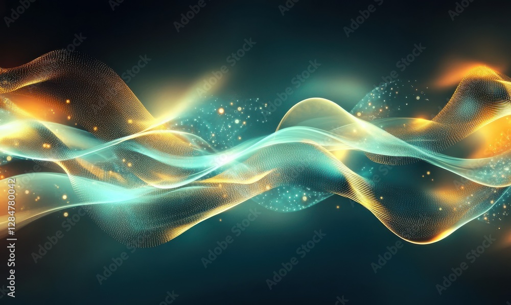 Poster abstract digital wave patterns glowing in vibrant teal and gold tones, forming a bold futuristic com