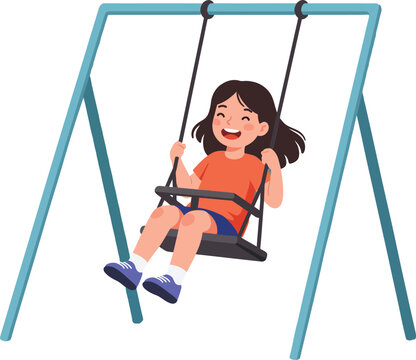 Happy girl swinging joyfully on a playground swing in a flat, cheerful design style, emphasizing childhood playfulness, vector illustration