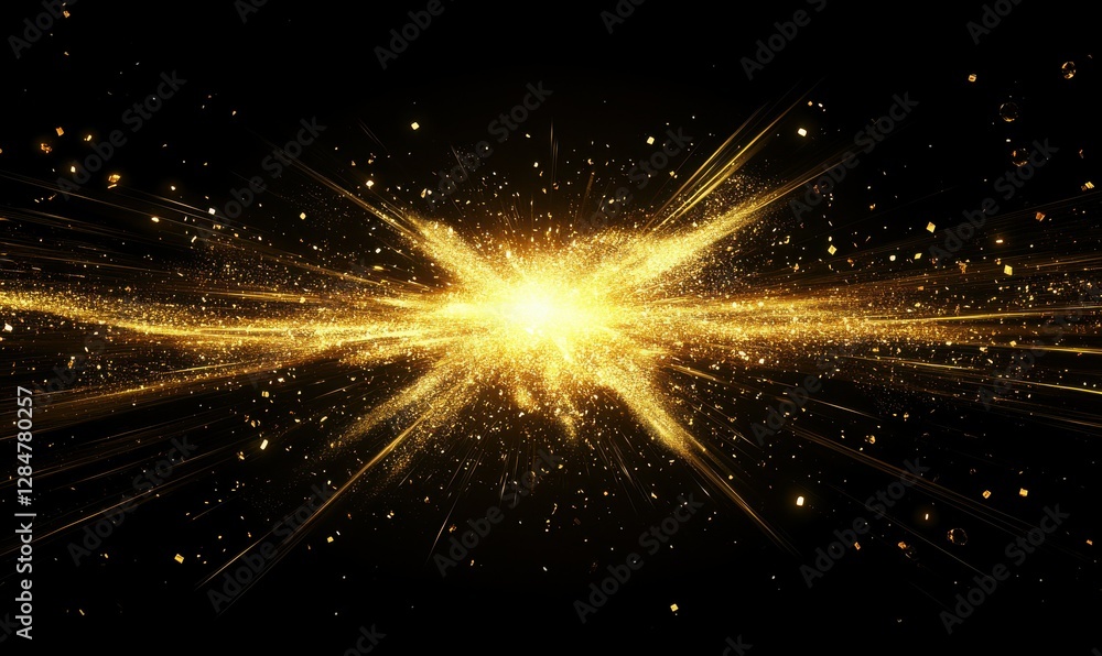 Poster abstract explosion of golden particles creating a dynamic visual against a sleek black background, s