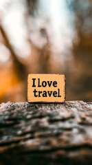 A small wooden label with the words "I love travel" written on it
