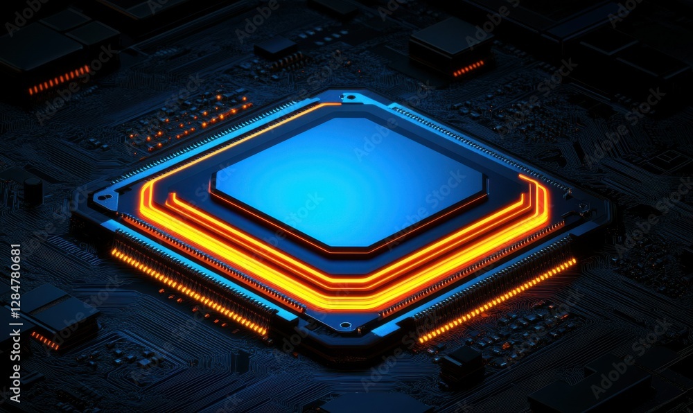 Poster abstract futuristic microchip design with glowing blue and orange circuits on a sleek dark backgroun